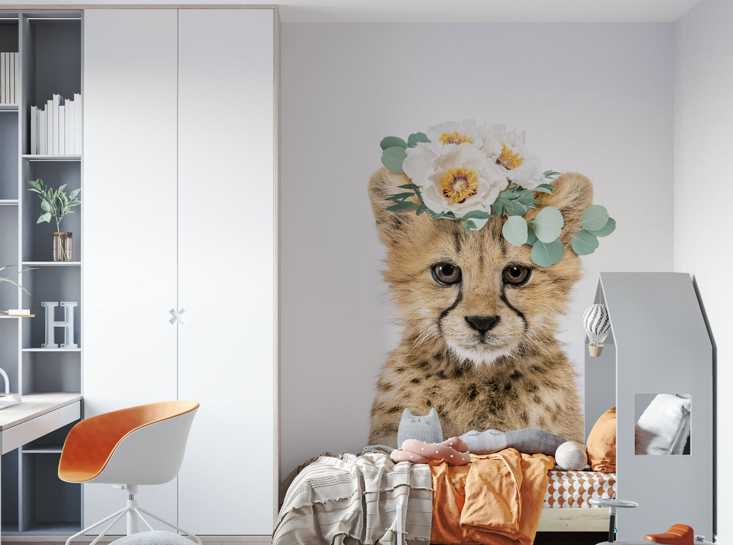Floral cheetah cub with a whimsical garden mural

