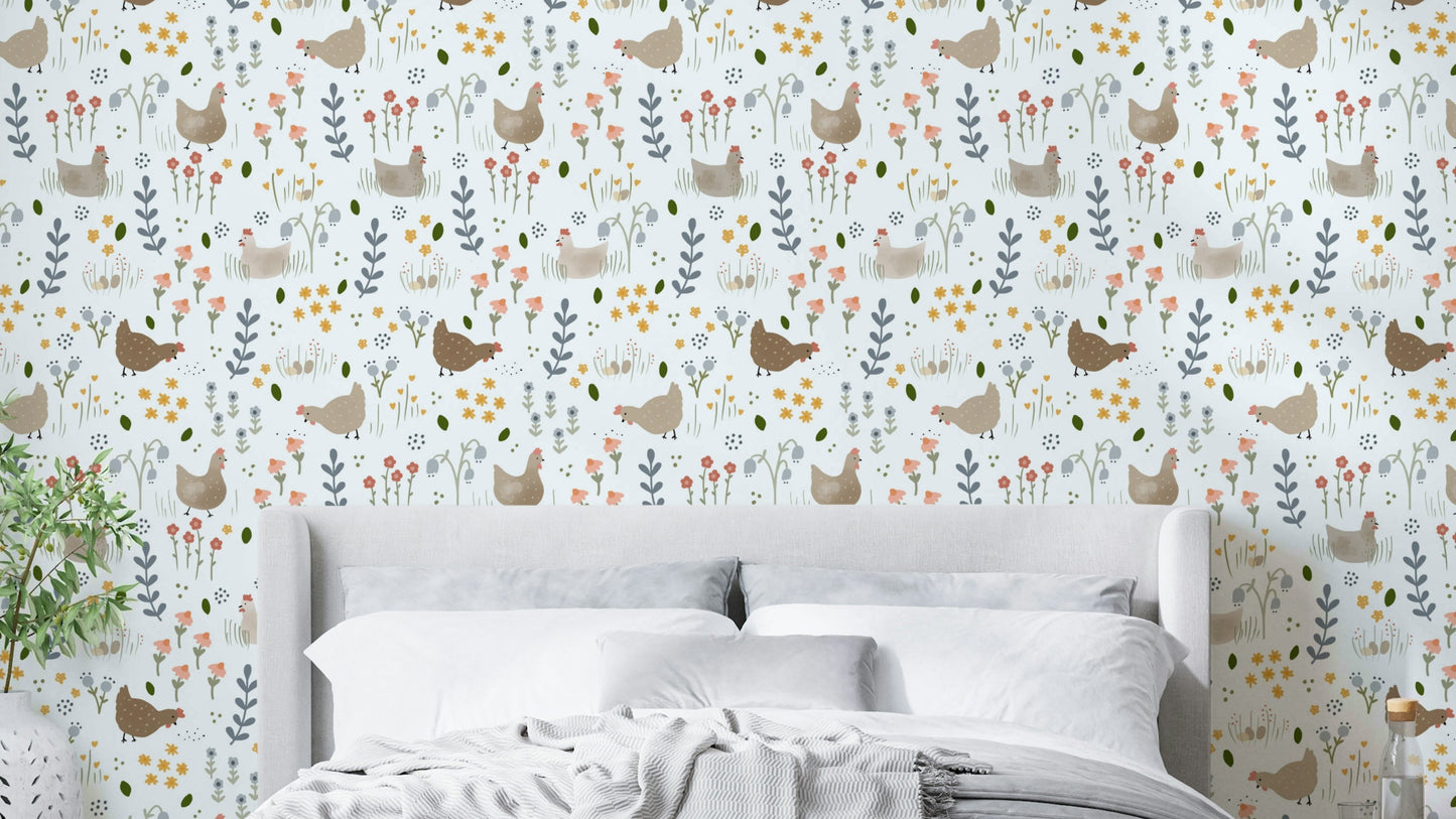Hen and wildflower pattern wallpaper for walls

