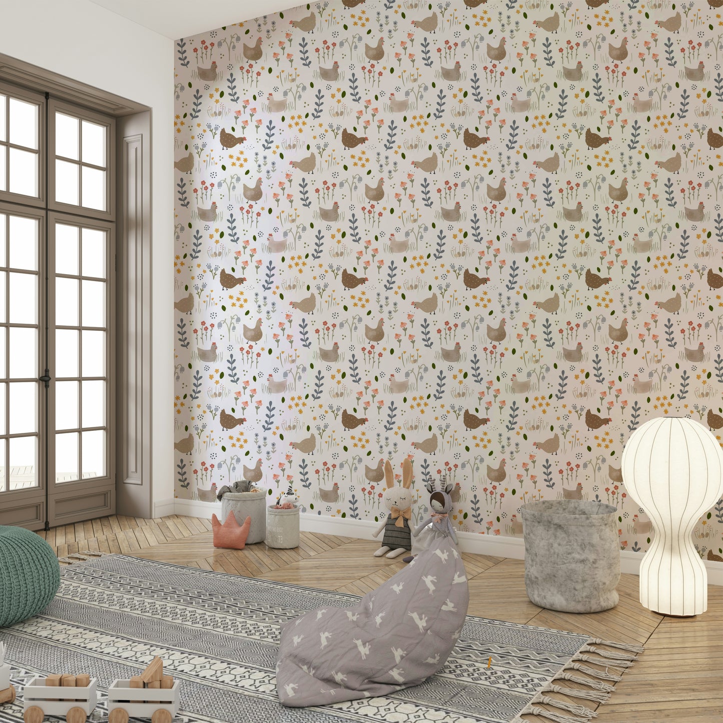 Farm animal floral wallpaper mural for kids

