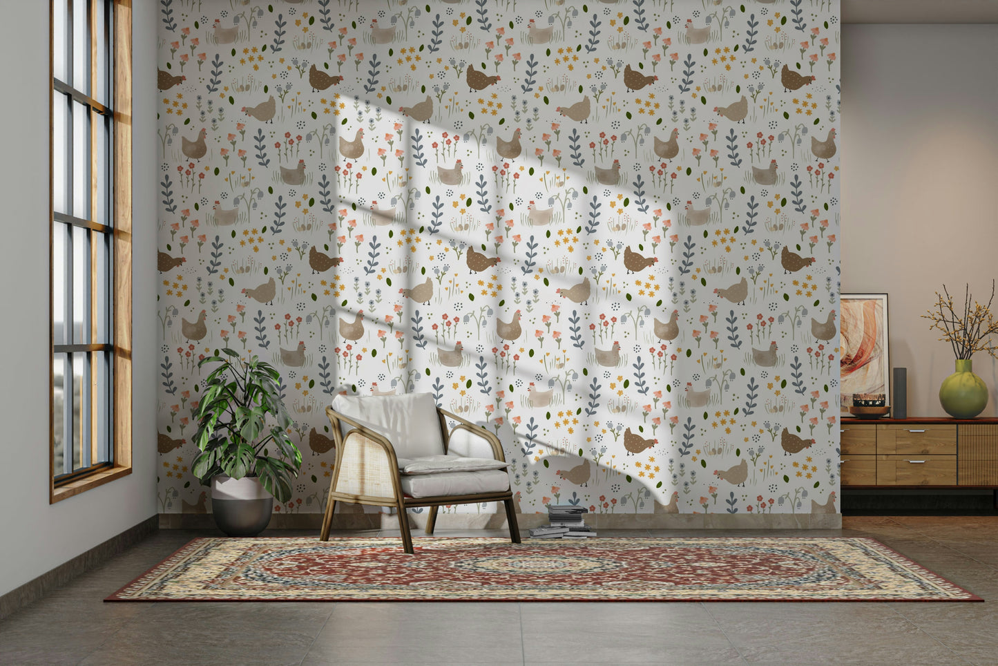 Floral chicken pattern wallpaper for kids

