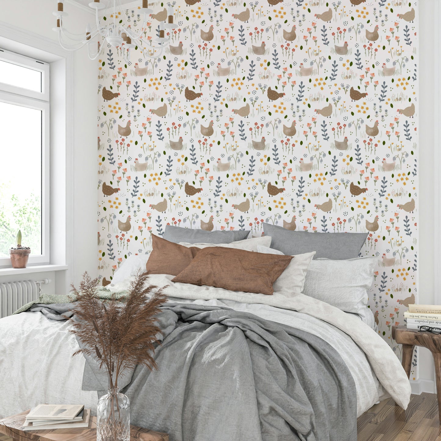 Rustic chicken and blooms wallpaper mural

