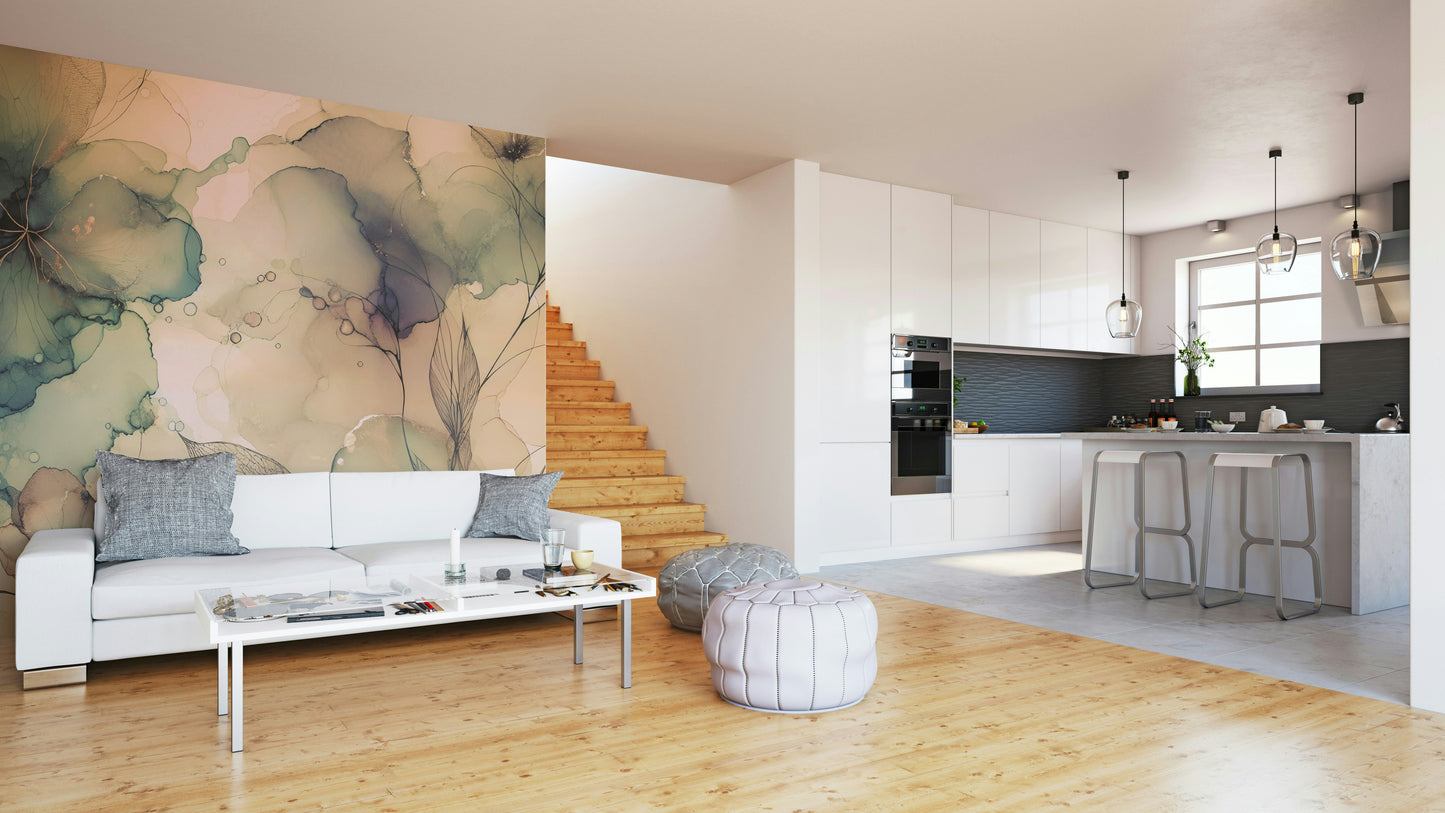 Delicate pastel flowers in a minimalist studio apartment.