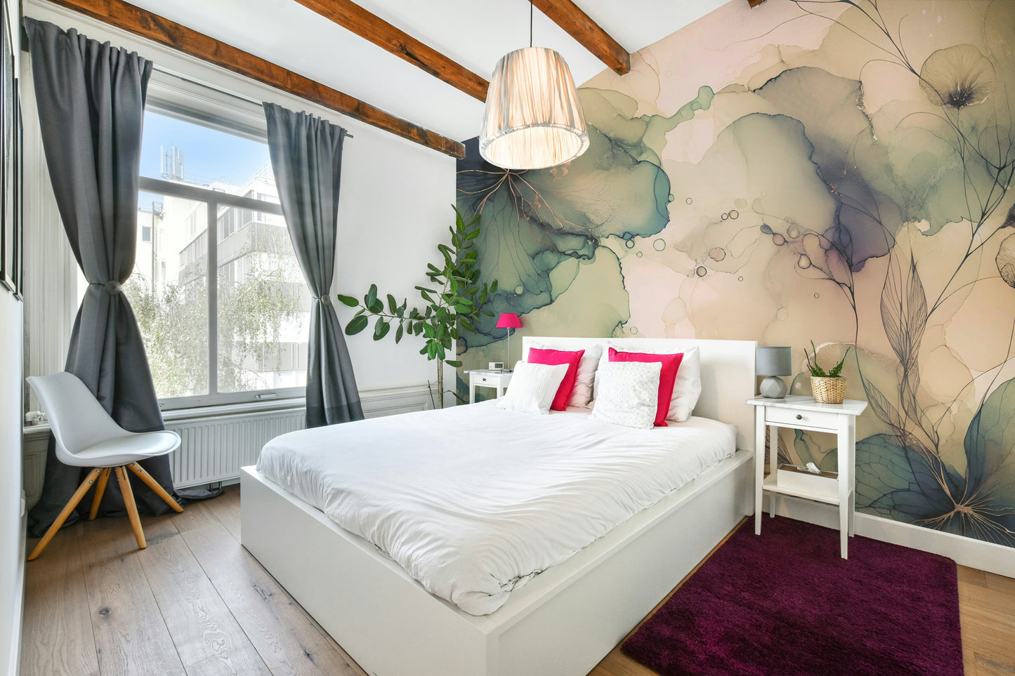 Large scale bloom patterns in a modern dining area.