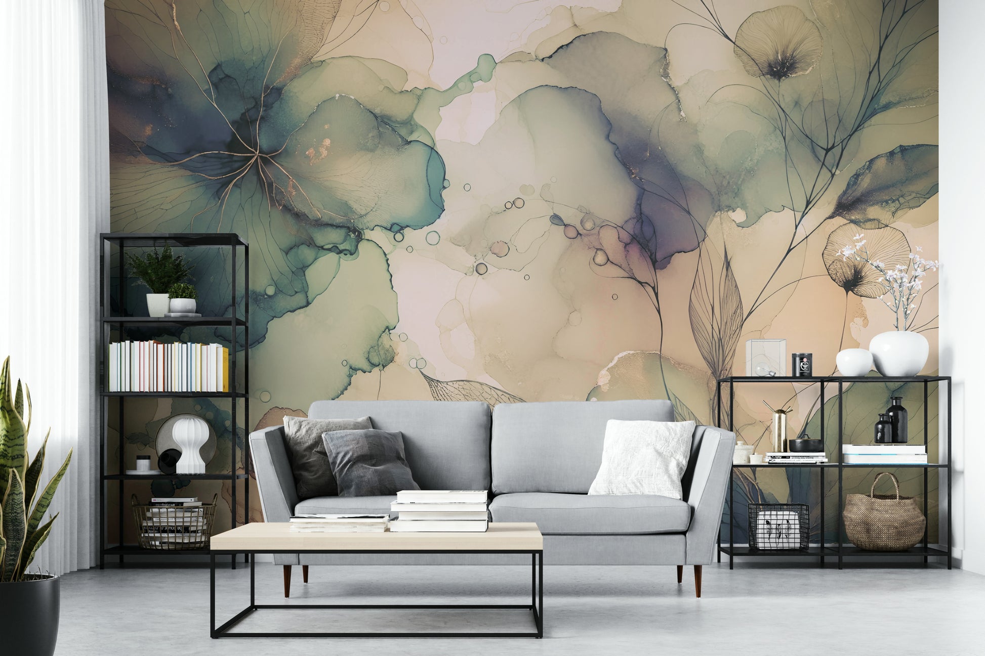 Modern botanical wallpaper for a professional home office.