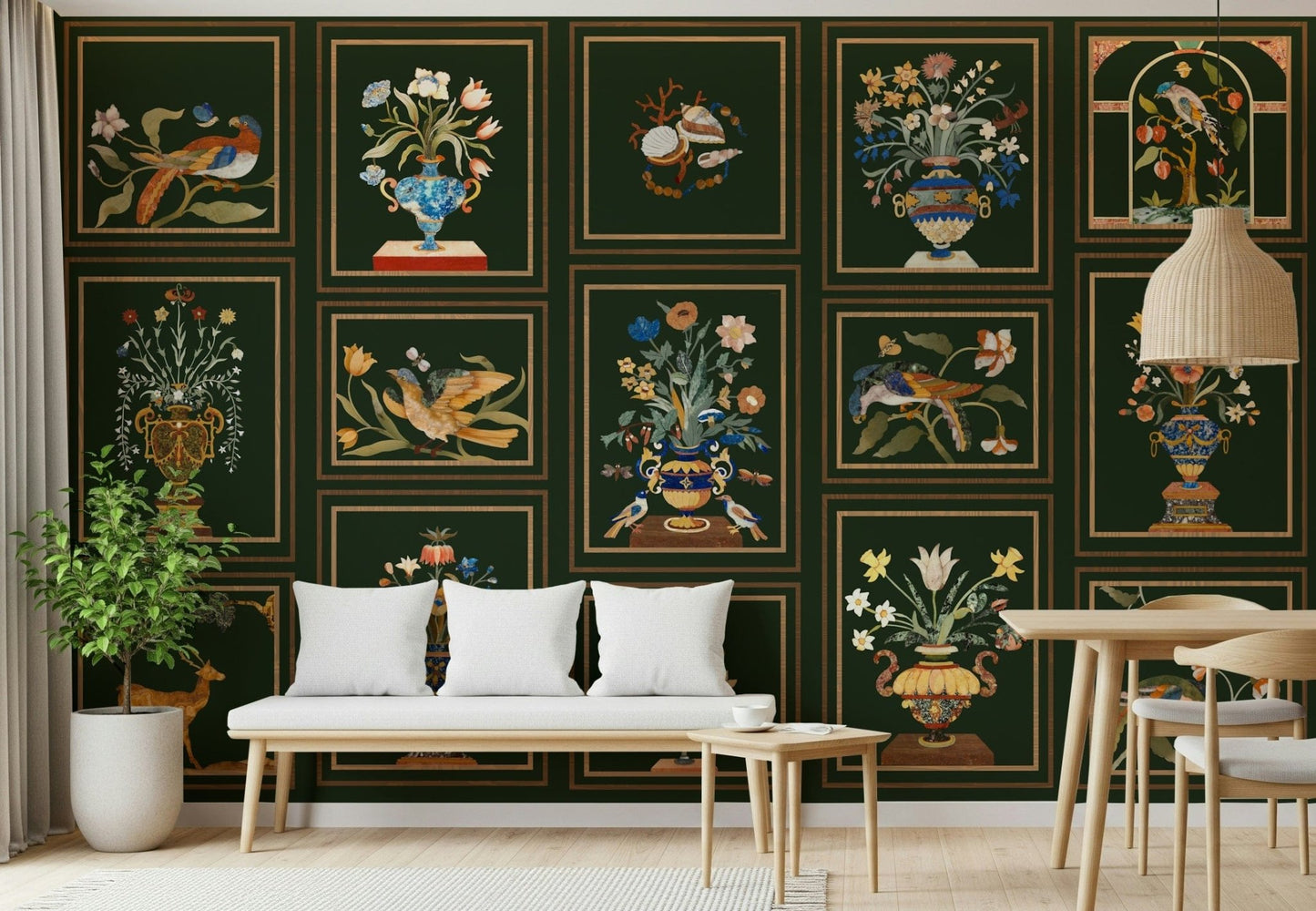 Home office wall with floral and fauna panels, structured design for modern home styling