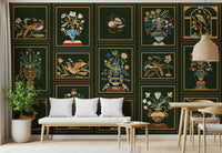 Home office wall with floral and fauna panels, structured design for modern home styling