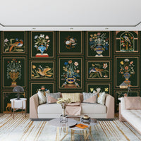 Entryway feature wall with panel wallpaper, neat sections and floral detail