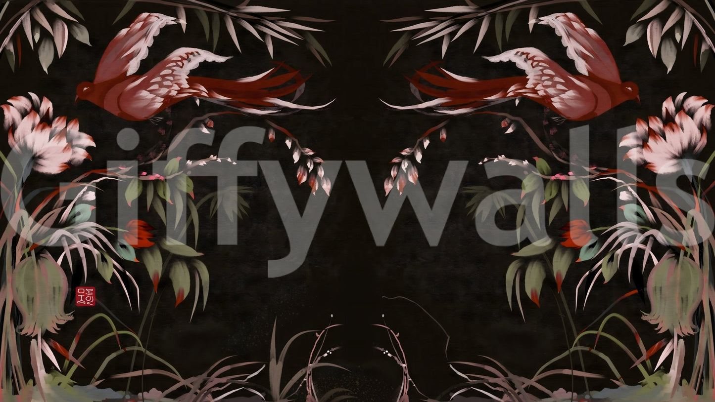 Floral Flight Joseon Inspired wallpaper mural shown full-wall with red birds and blush blossoms on a dark charcoal ground