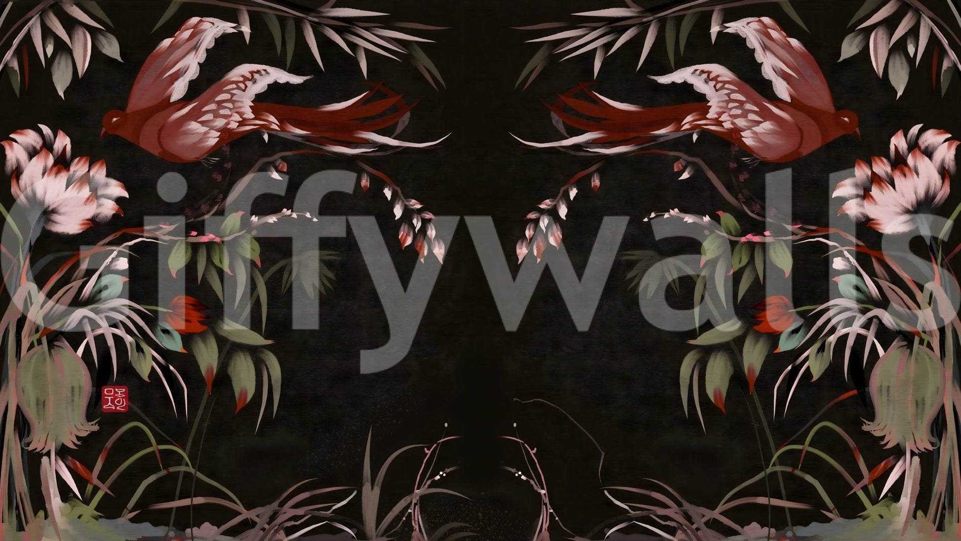 Floral Flight Joseon Inspired wallpaper mural shown full-wall with red birds and blush blossoms on a dark charcoal ground