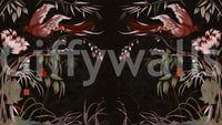 Floral Flight Joseon Inspired wallpaper mural shown full-wall with red birds and blush blossoms on a dark charcoal ground