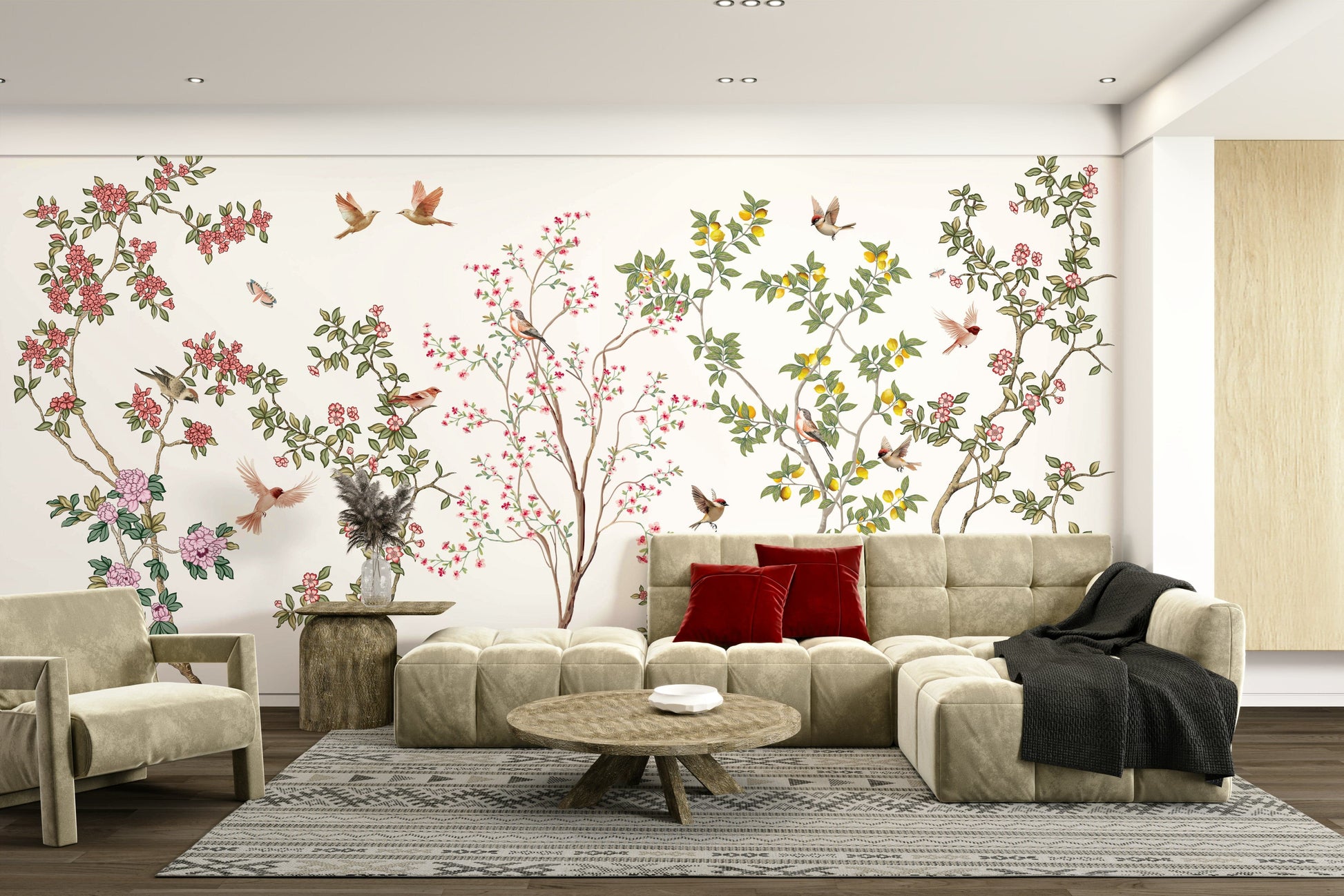 The design features graceful birds or butterflies in motion among blooming flowers.

