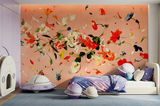 Floral Flush wallpaper mural of coral watercolor blooms with a lavender UFO toy and galaxy bedding