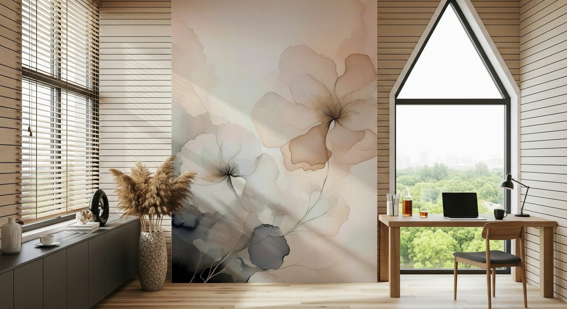 Ethereal floral wall mural with blurred petals and watercolor shading for modern, serene spaces.