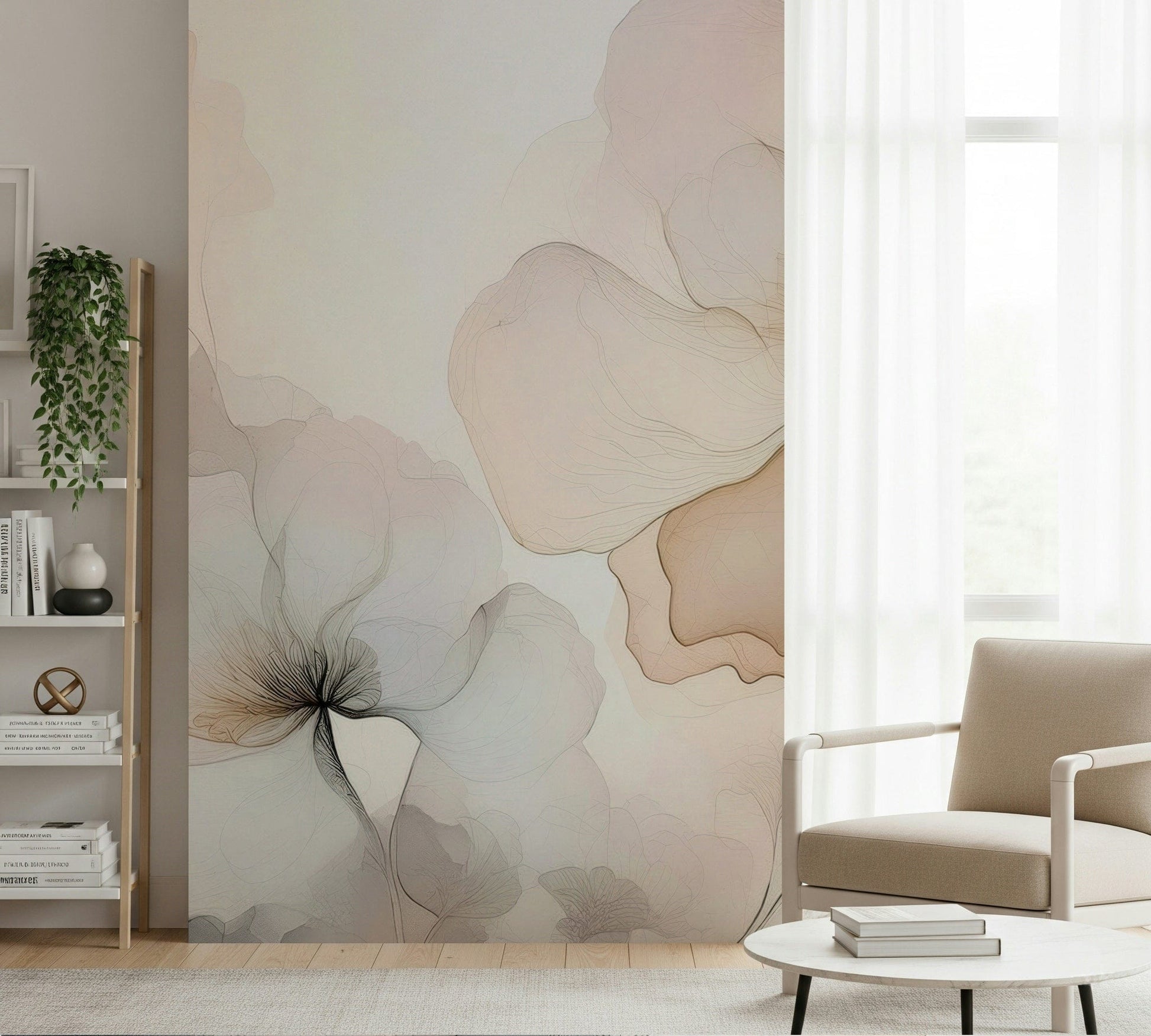 Romantic floral mural with airy textures and subtle color transitions for a calming effect.