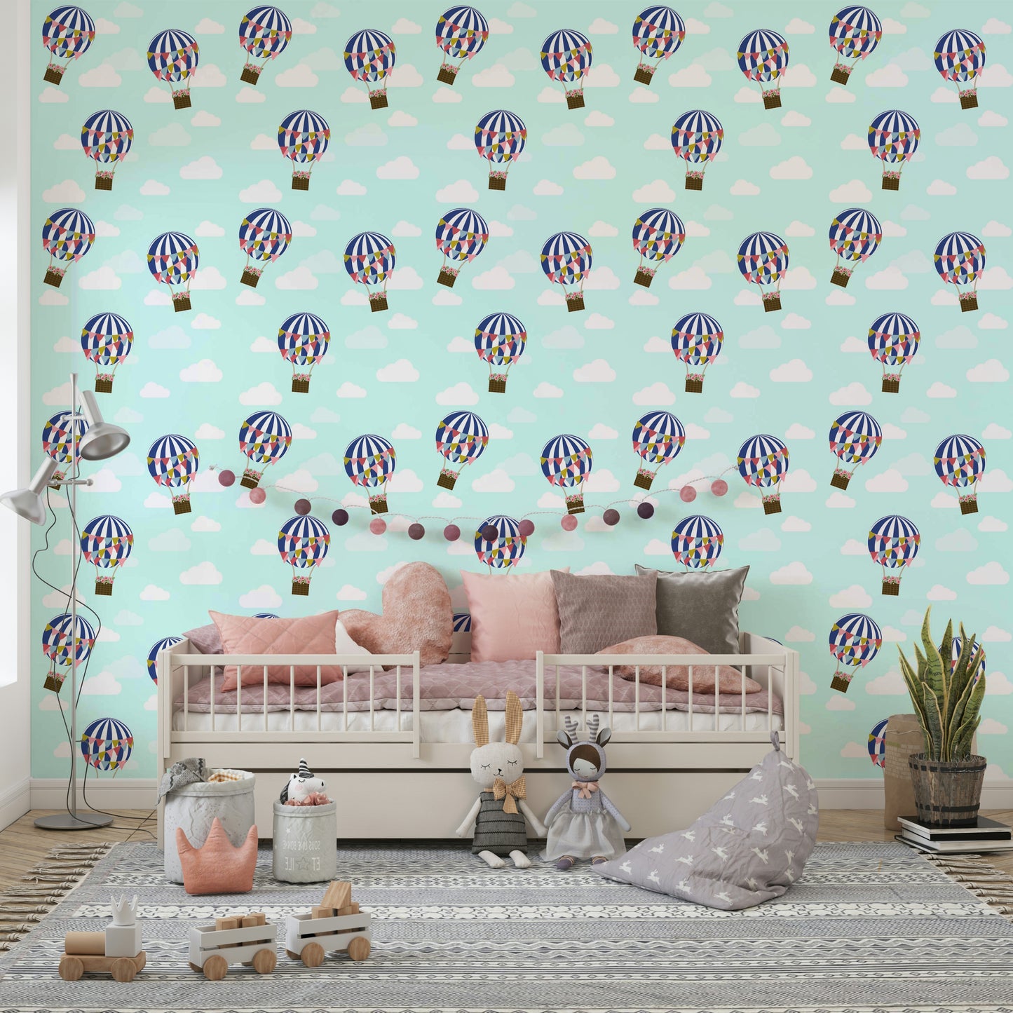 Vibrant floral hot air balloon wallpaper for a fun room decor

