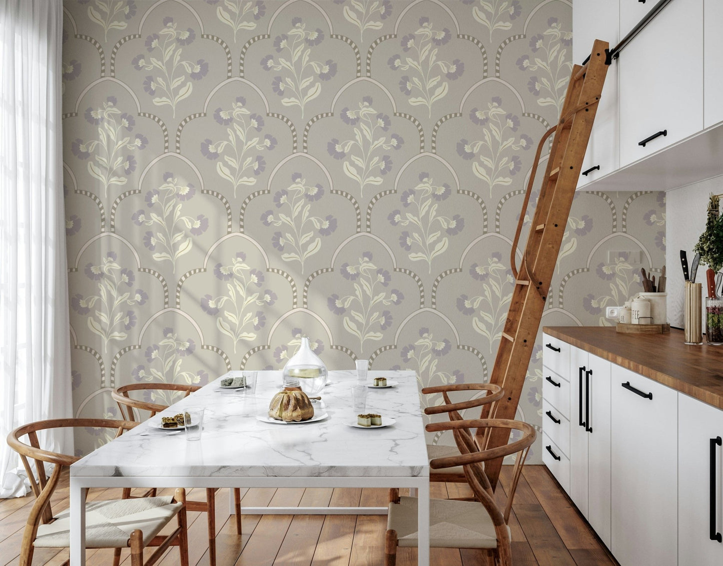 Stylish beige Floral Lattice wallpaper vintage botanical design.