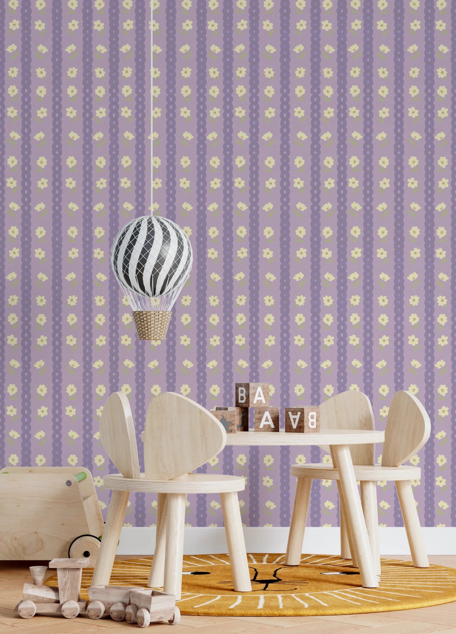 Floral Lavender Stripe wallpaper mural in a kids room with wood table and hot air balloon lamp, lavender daisy stripes