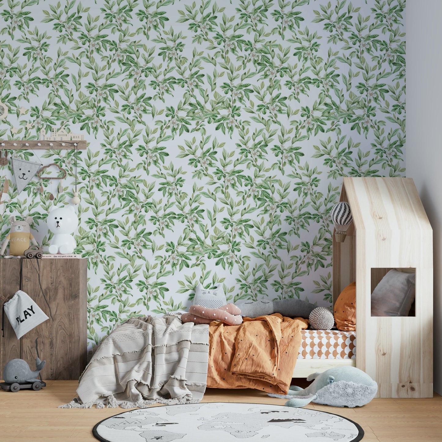 Spring Leaves Wallpaper on a living room wall

