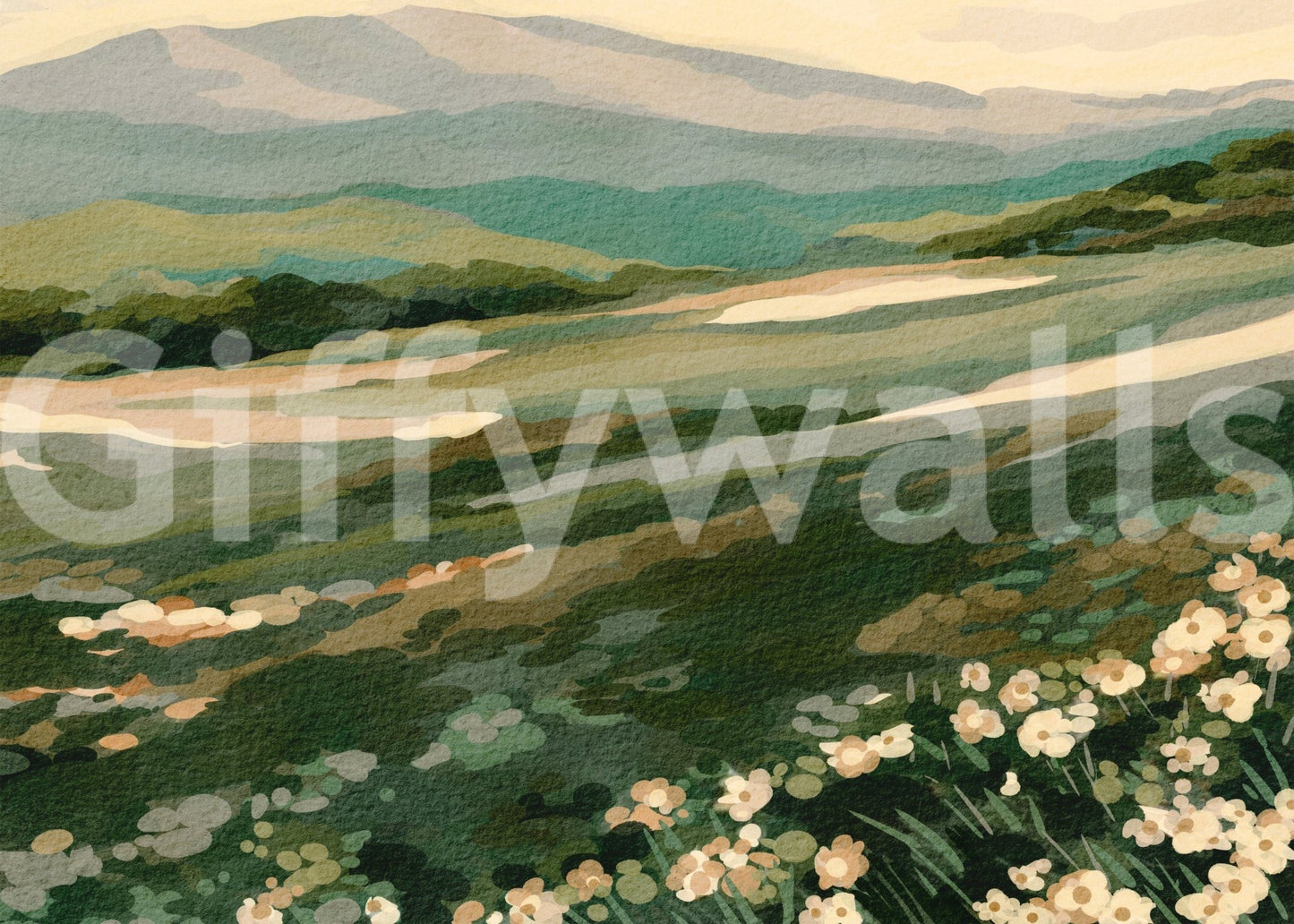 Green aesthetic wallpaper featuring scenic Floral Meadow Vista print for modern homes.