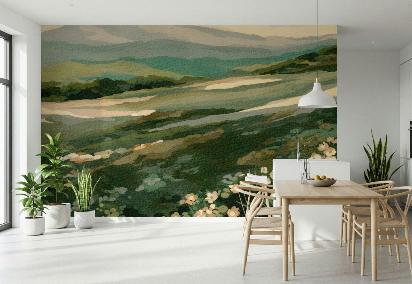 Scenic view wallpaper depicting grassy fields and distant peaks in soft pastel hues.