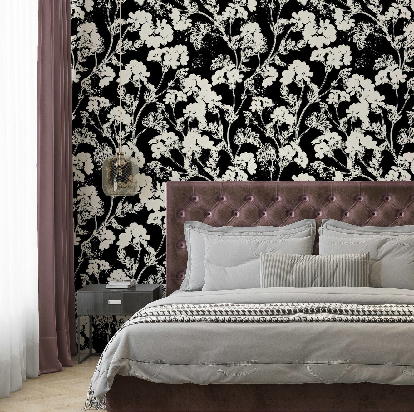 A full-wall mural showing a botanical pattern.
