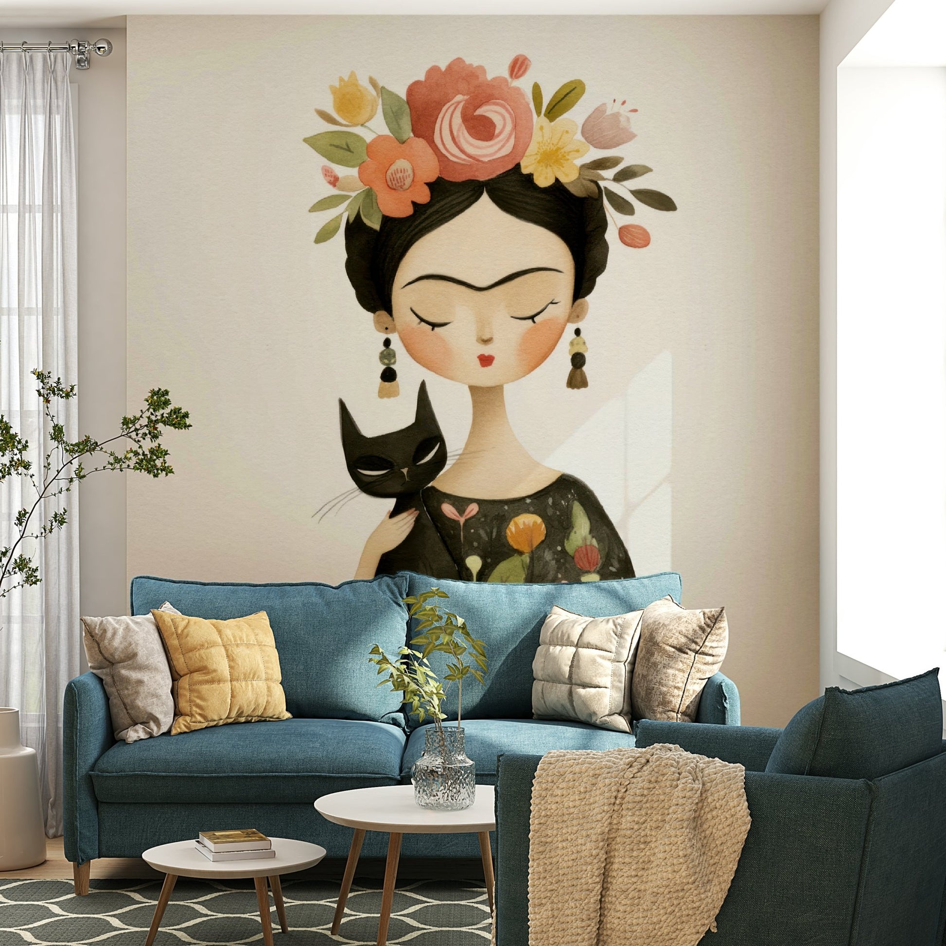 Dark floral mural with expressive portrait artwork

