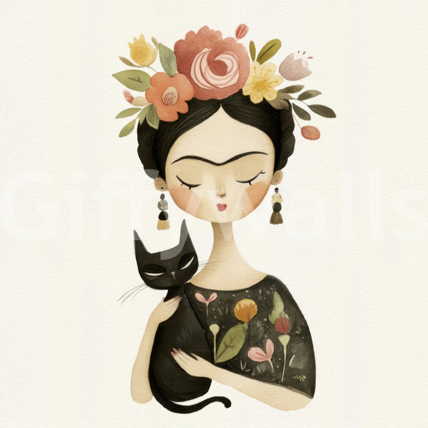 Regal muse surrounded by moody florals in mural

