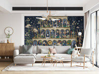 Floral Nightscape Garden on Blue Wall Mural in living space, deep blue floral feature wall