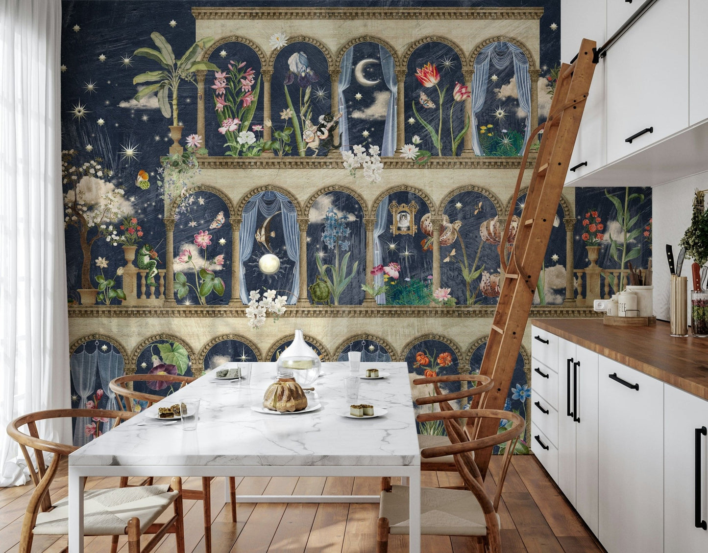 Floral night garden wallpaper behind TV unit, tidy lounge statement wall