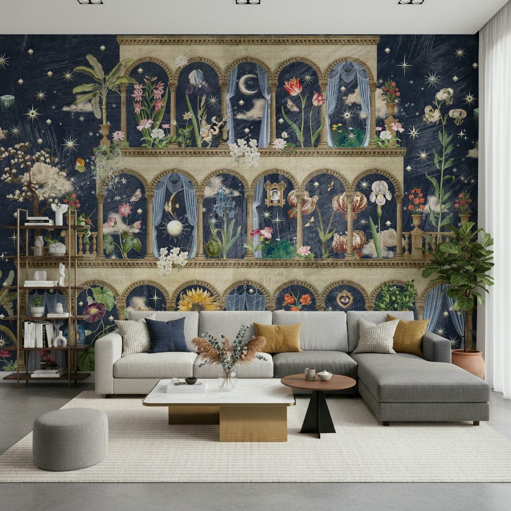 Blue garden wall mural for dining area, modern floral home styling look