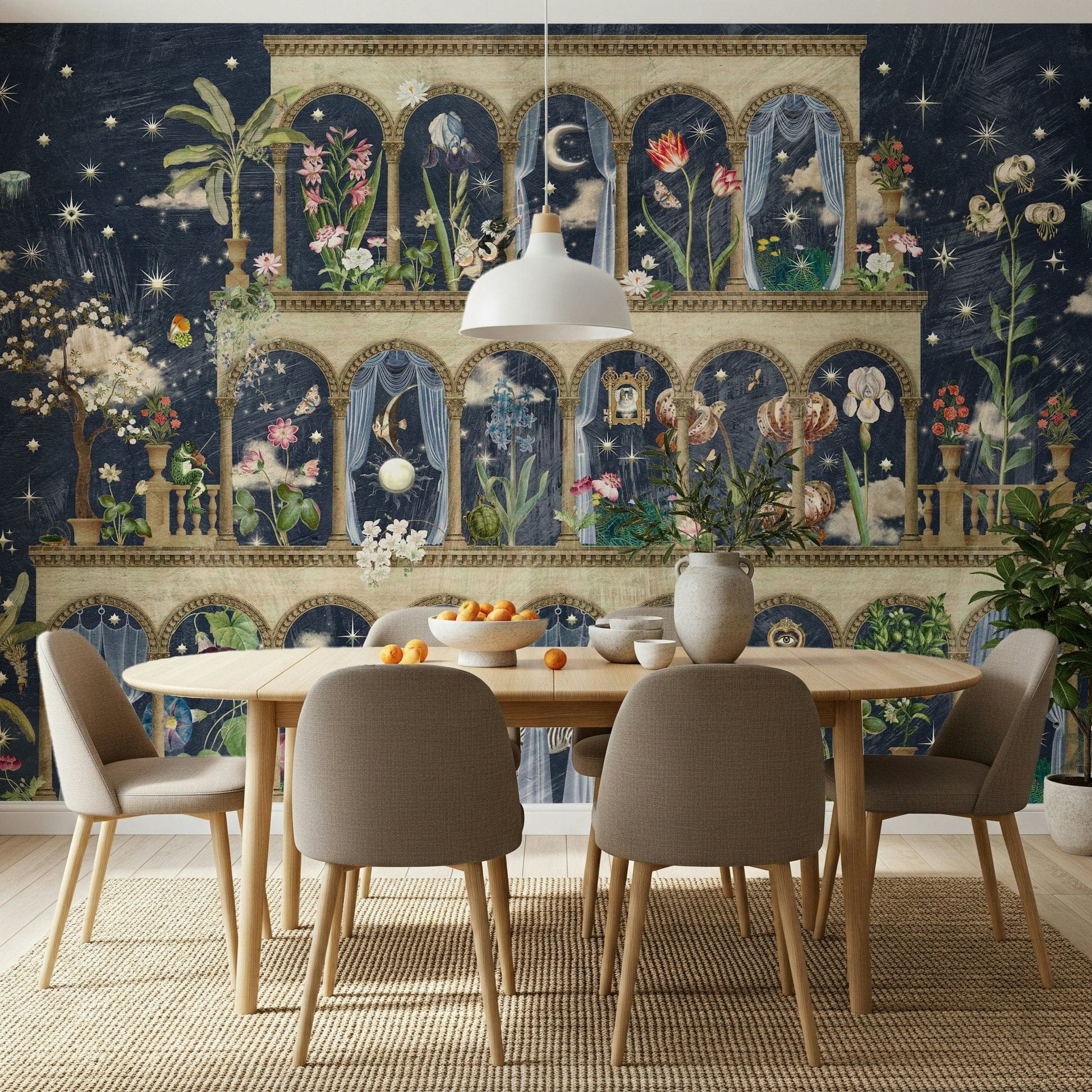 Blue botanical mural in bedroom, floral pattern with nightscape feel