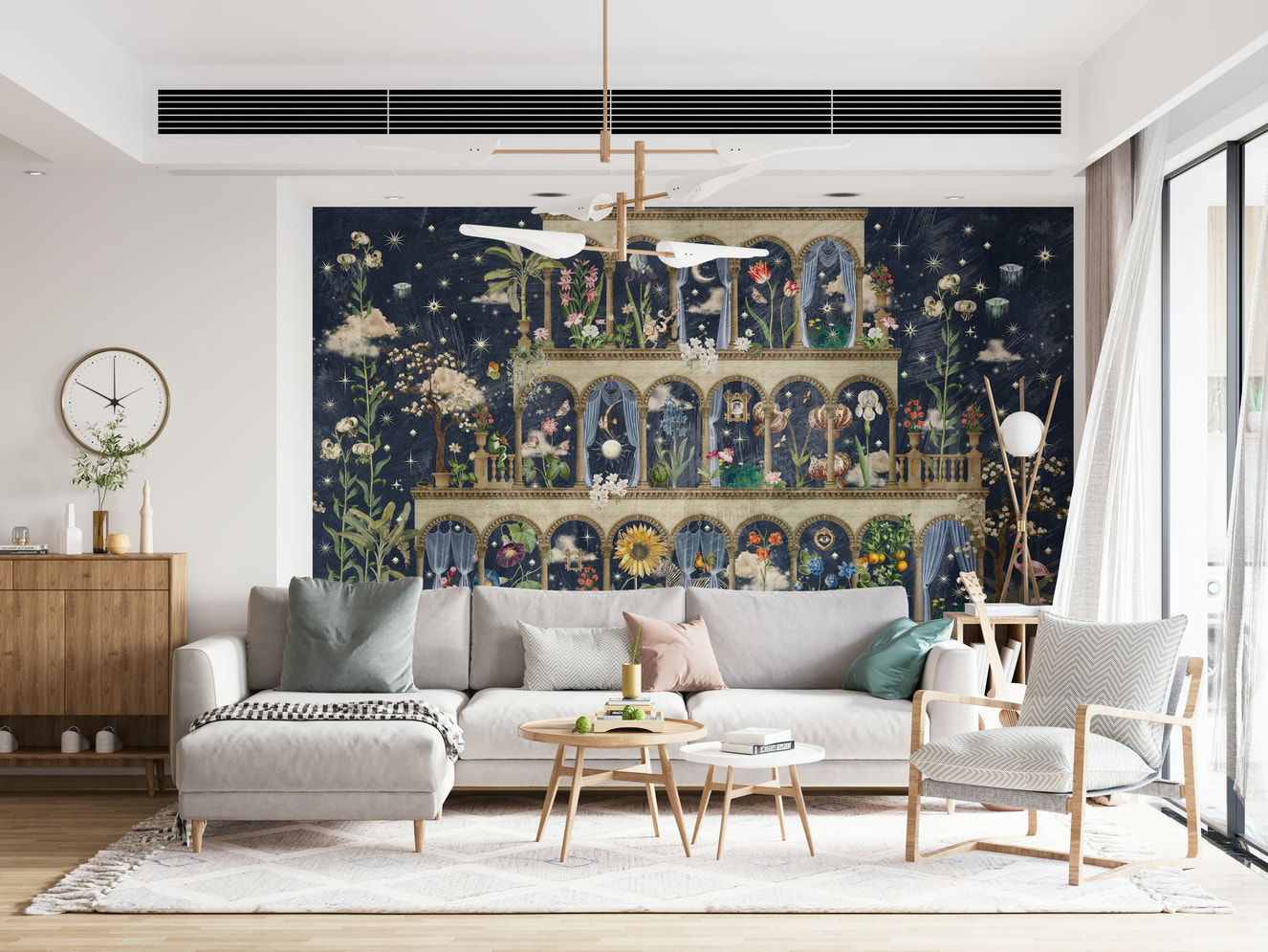 Floral Nightscape Garden on Blue Wall Mural in living space, deep blue floral feature wall