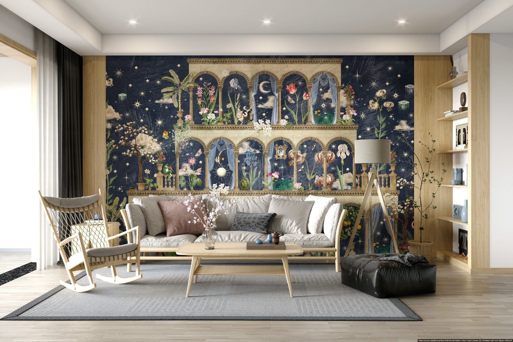 Midnight blue floral wallpaper in bedroom, garden blooms above white headboard