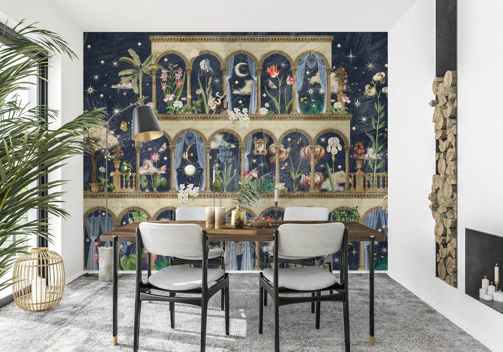 Dark blue floral wall mural in reading nook, garden scene with soft night mood