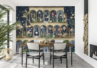 Dark blue floral wall mural in reading nook, garden scene with soft night mood
