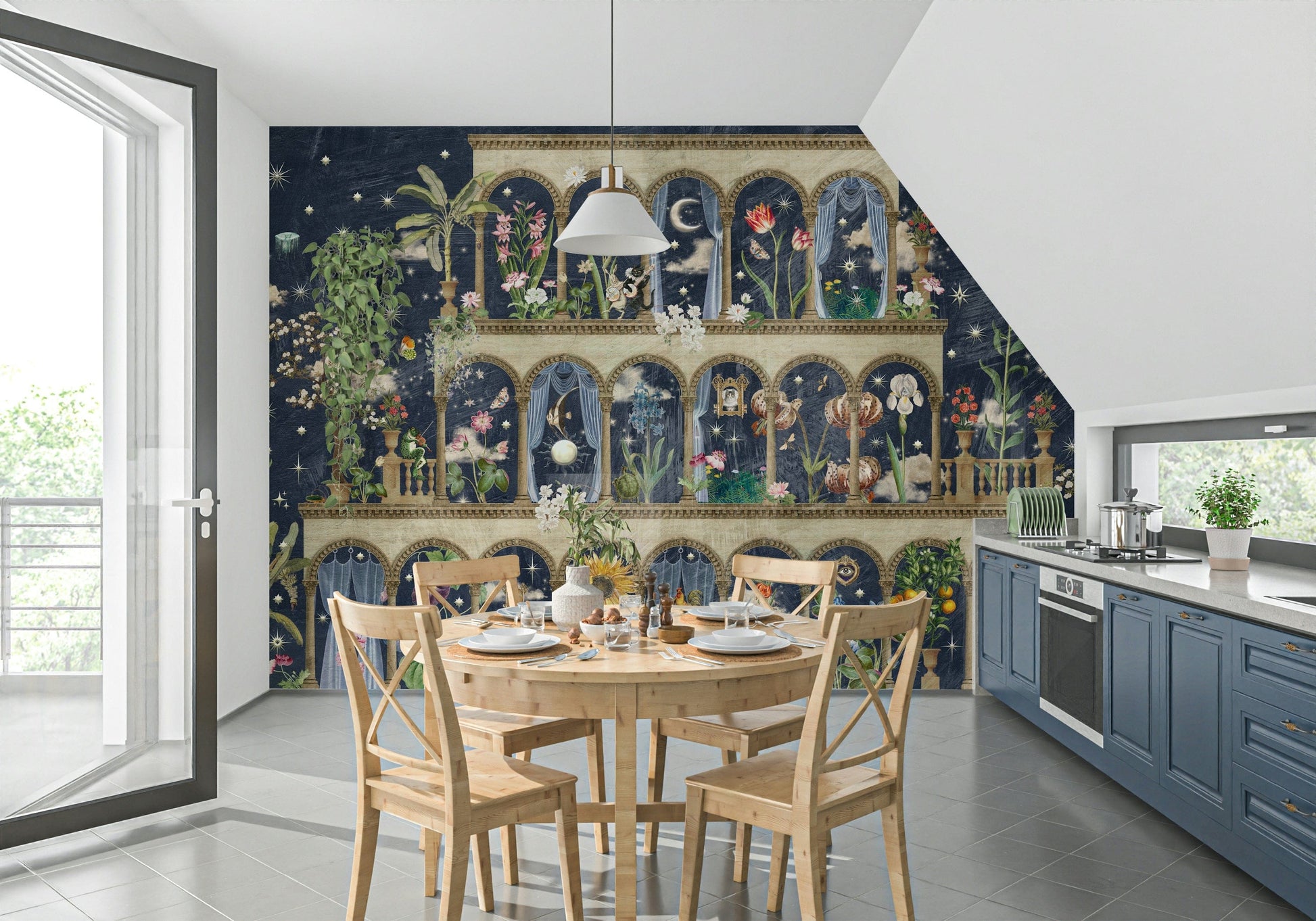 Floral nightscape mural in home office, dark blue backdrop with botanical detail