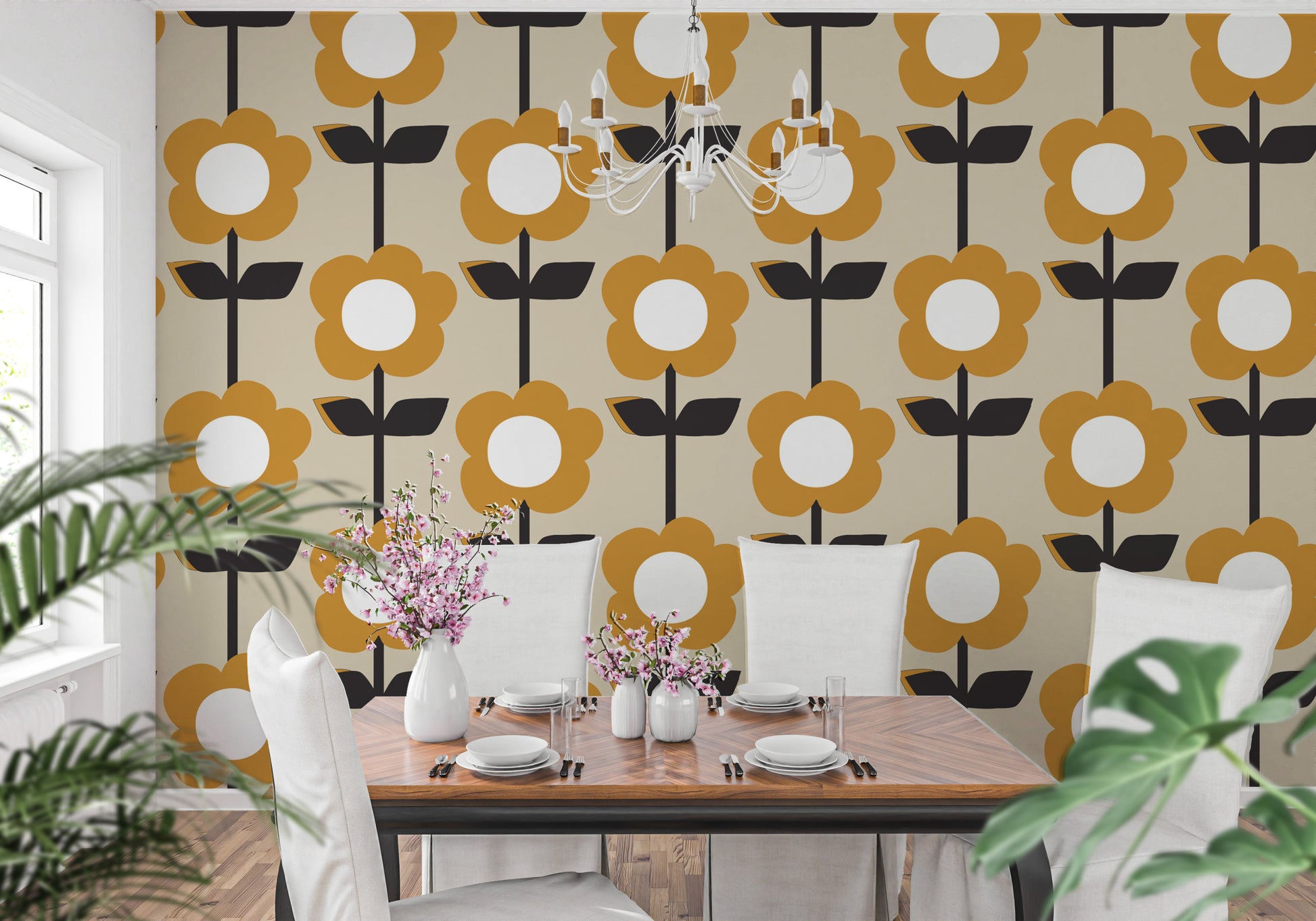 Sophisticated accents of Floral Pearl Yellow Color Retro Wallpaper
