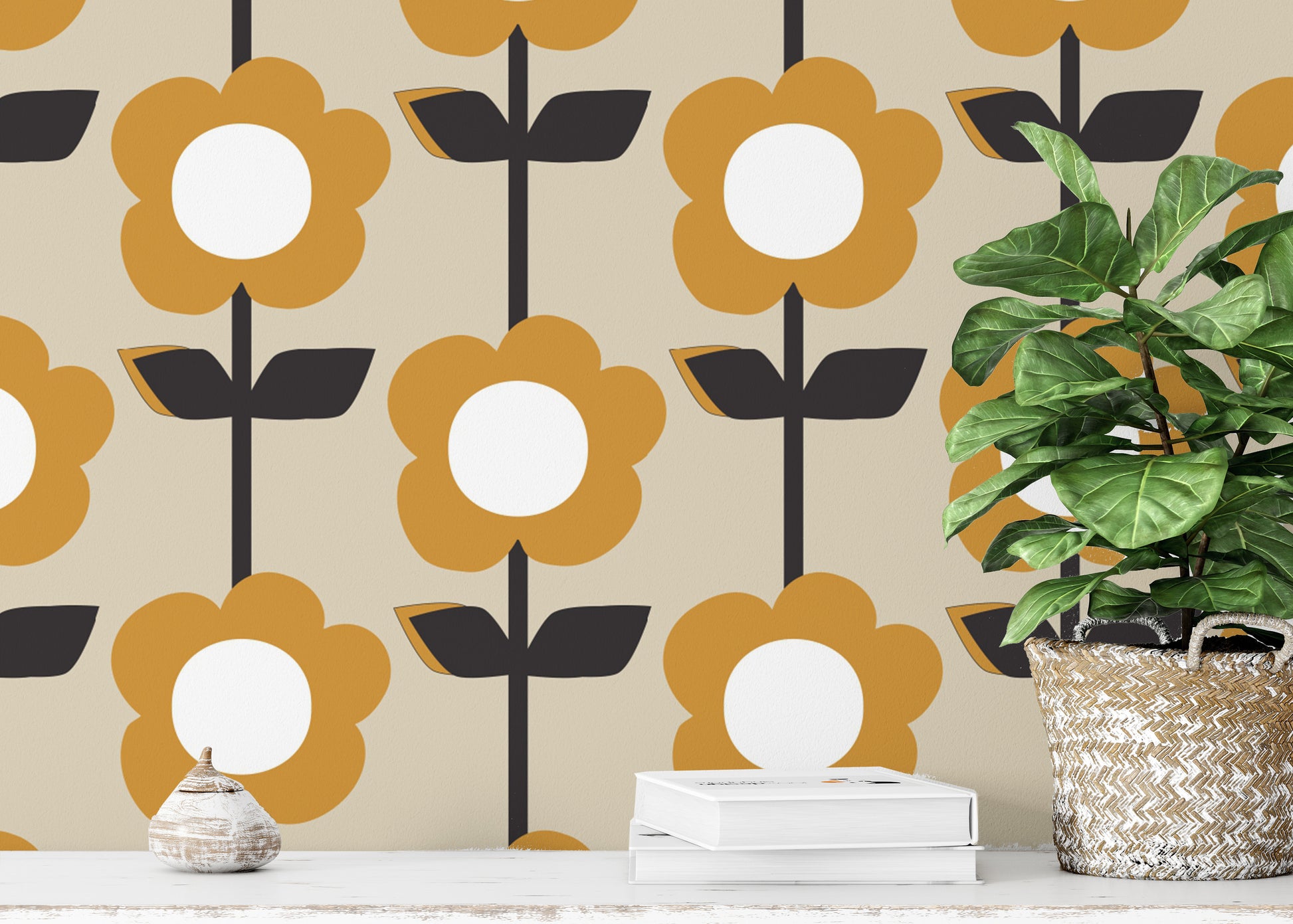 Vintage vibes with Floral Pearl Yellow Color Retro Wallpaper