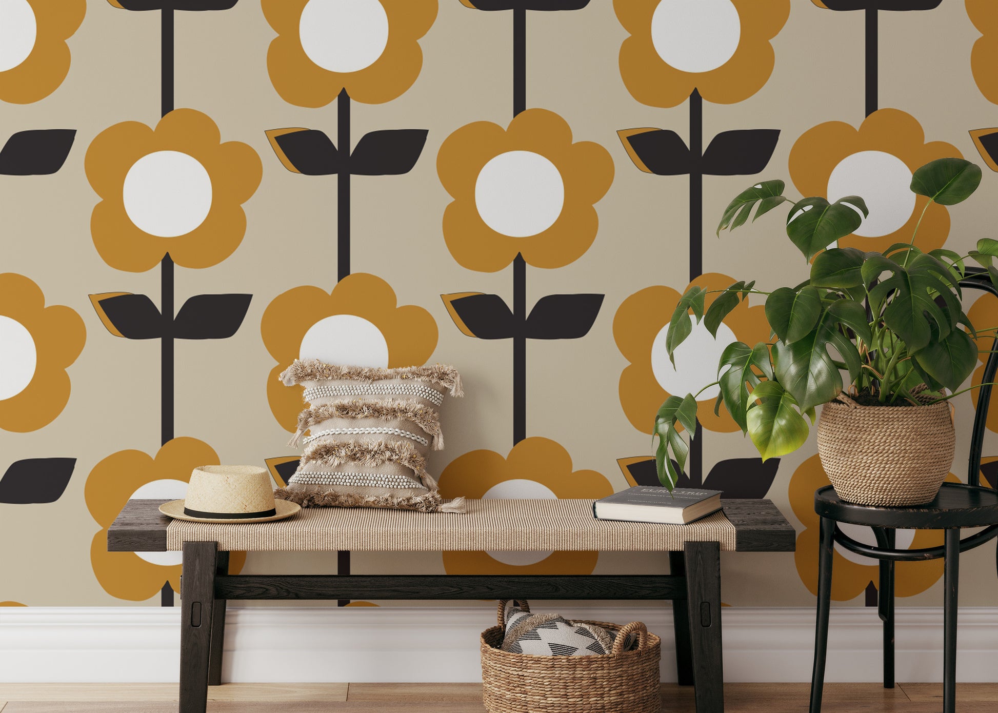 Brighten interiors with Floral Pearl Yellow Color Retro Wallpaper