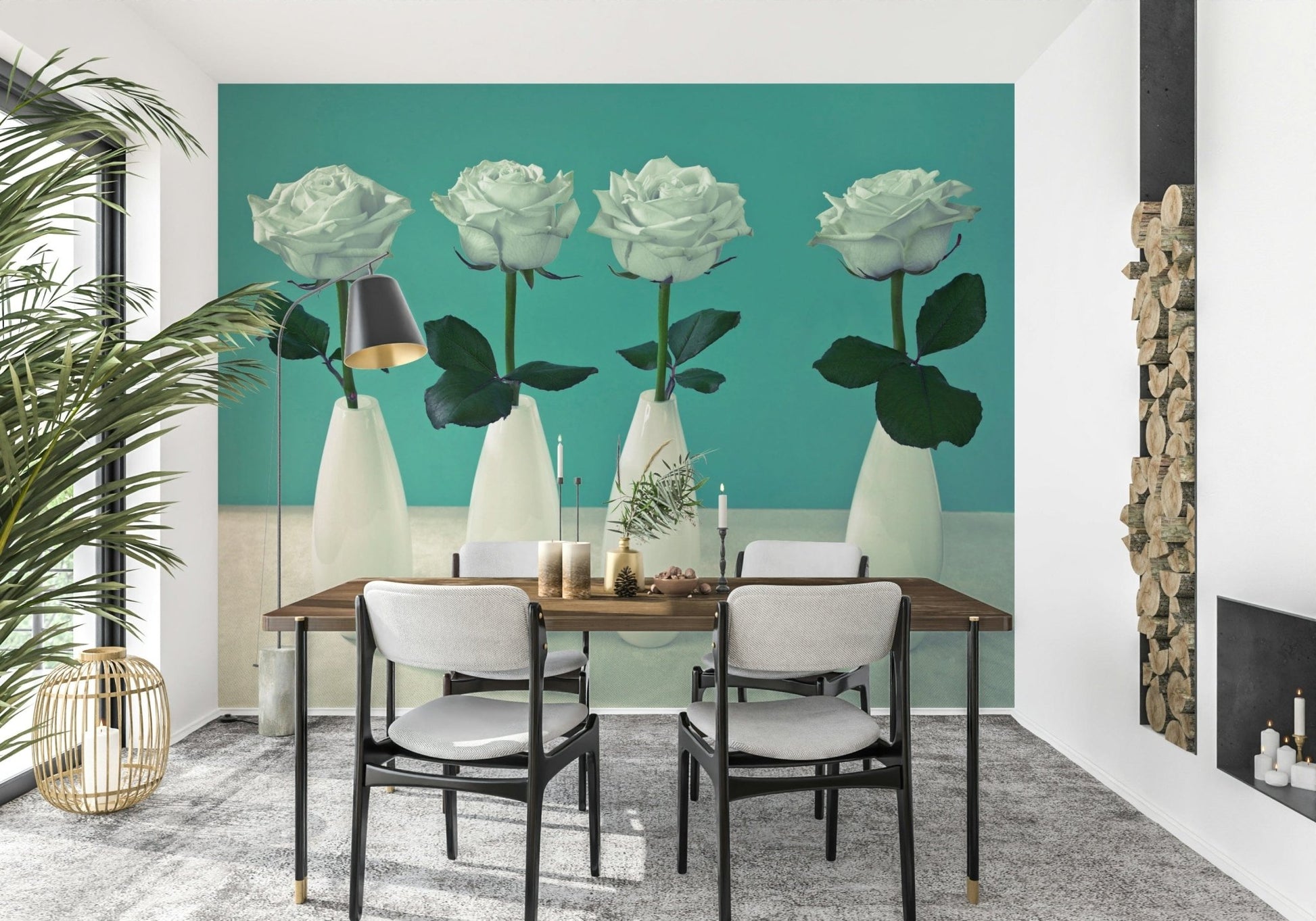 Minimal rose display wall mural on teal