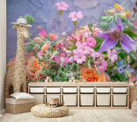 A wall mural with a vibrant floral design.

