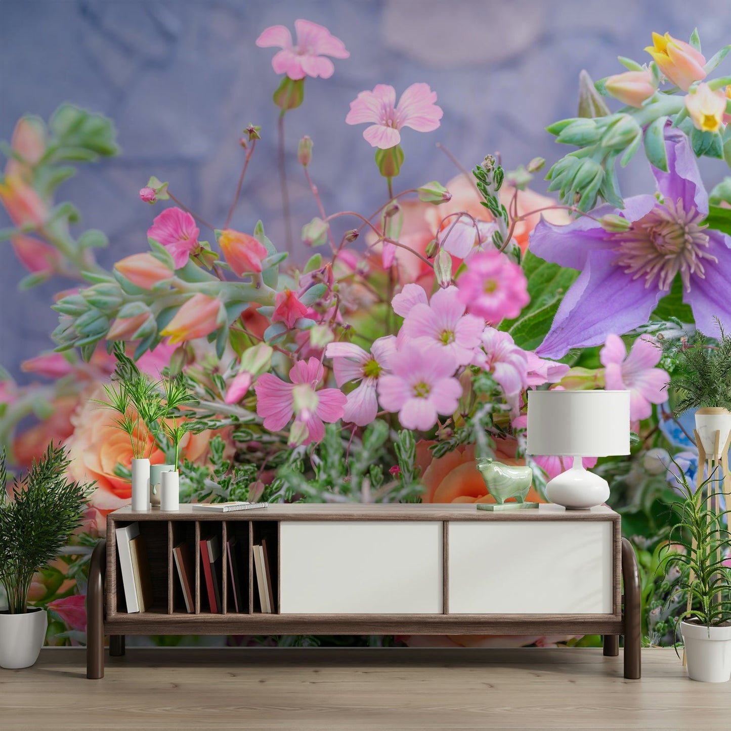 The mural gives a feeling of being in a sunny garden.

