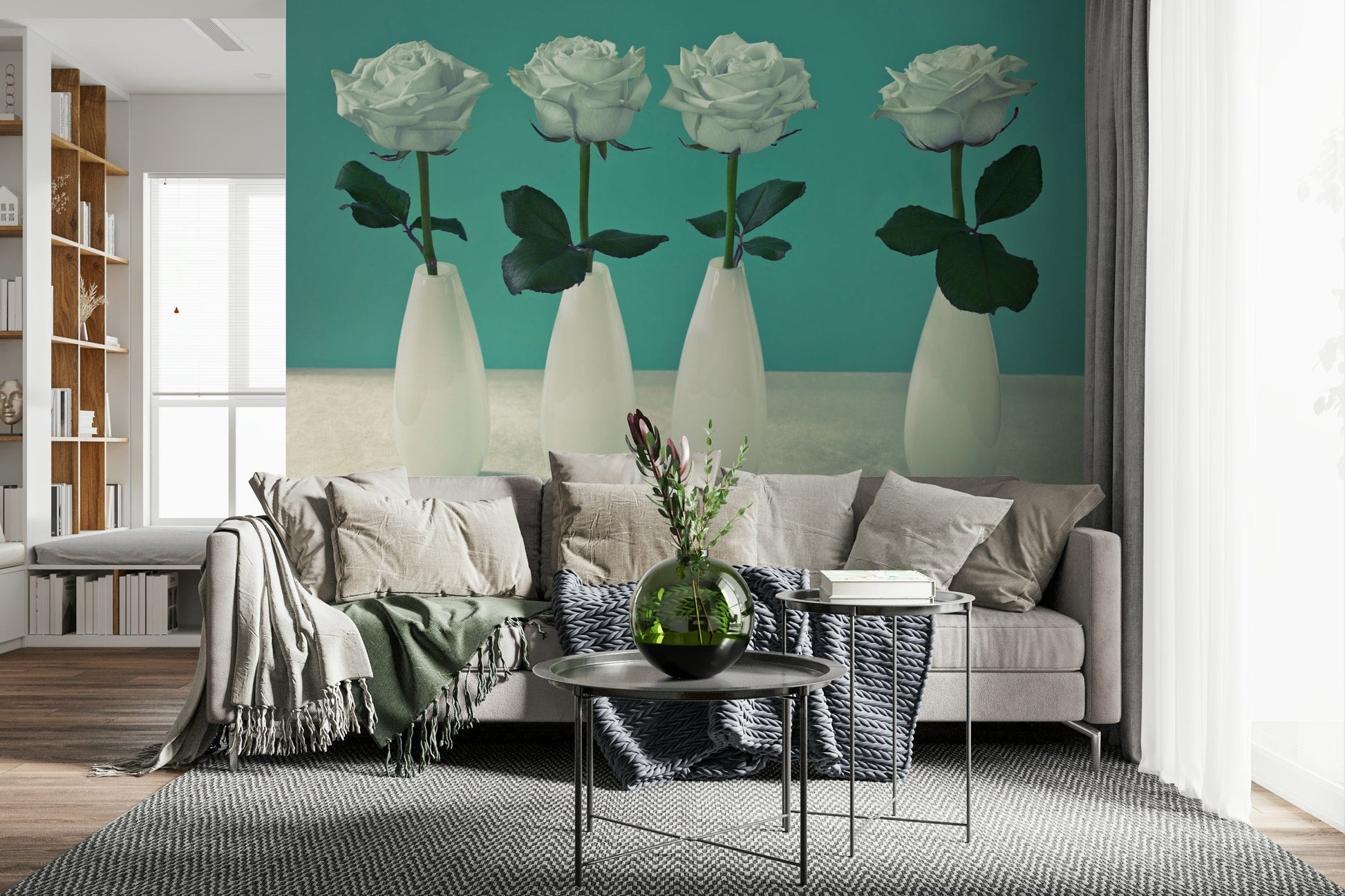 Mural of Floral Quartet somber, milky-white roses, four, upright, singular blossoms.