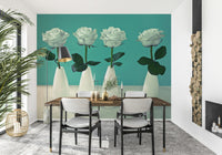 Wallpaper for walls tranquil, sepia-toned Floral Quartet, teal background, white roses.