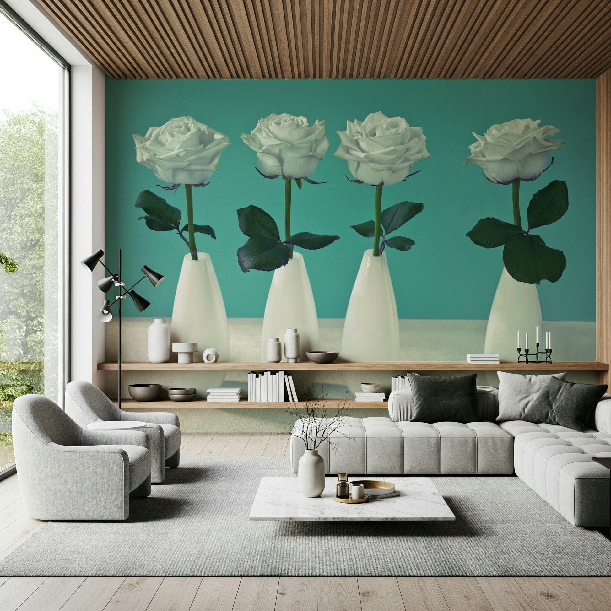 Floral Quartet wall mural four pristine, pale blossoms in sculptural, porcelain vases.