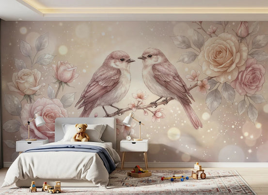 Floral Serenade wallpaper mural of two dusty-pink sparrows and roses in a bedroom with grey bed and teddy