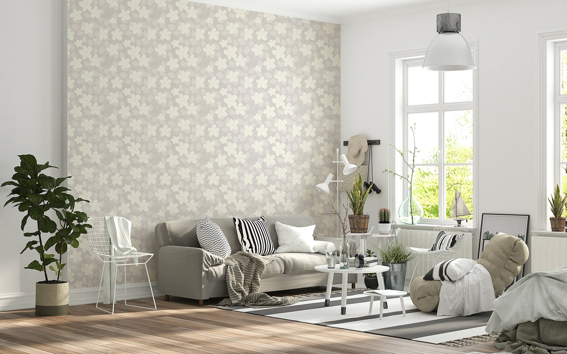 Soft grey floral mural wallpaper adds peaceful elegance.