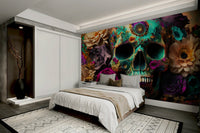 Elegant skull and flower mural in rich colors

