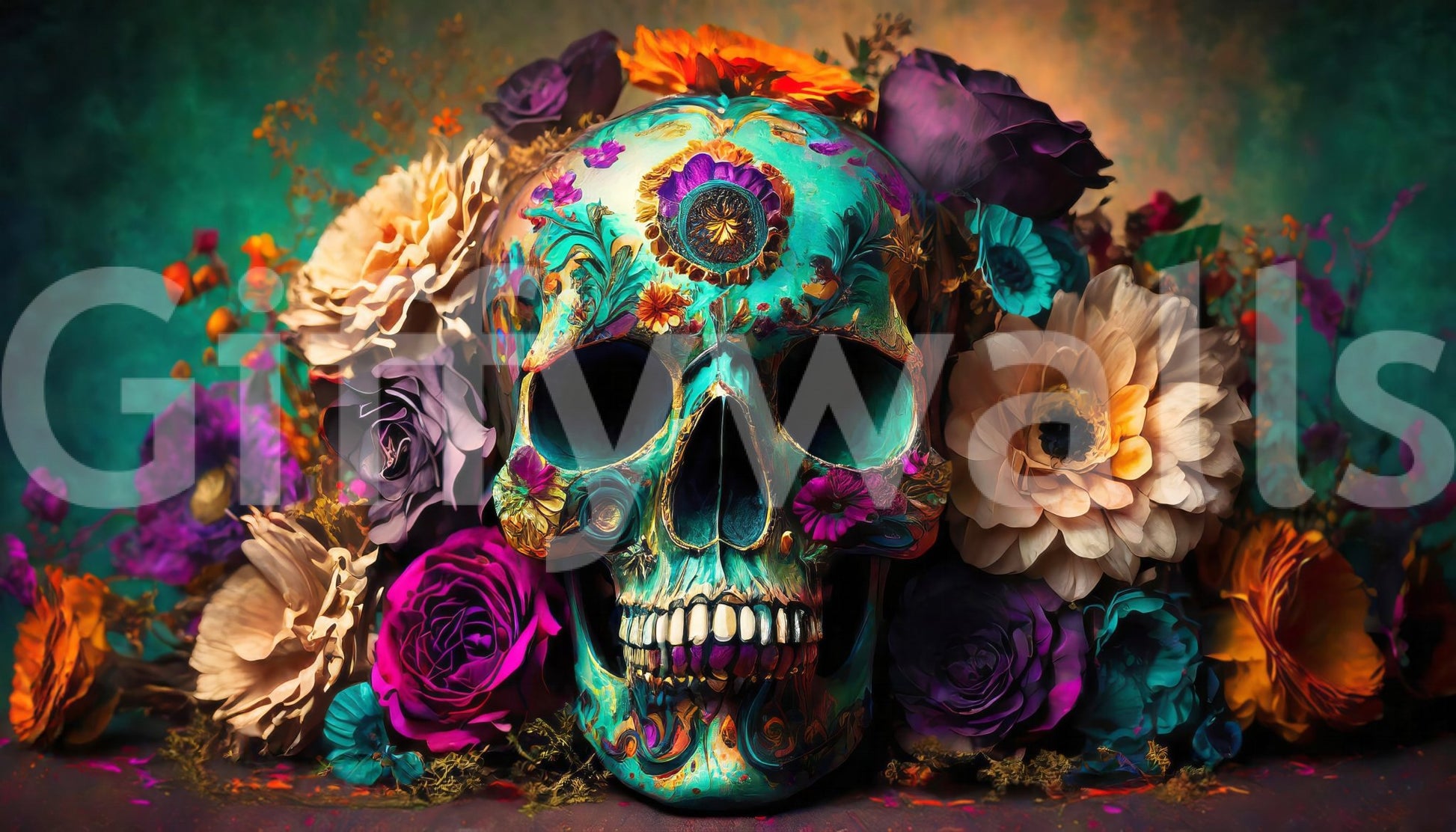 Skull and roses mural with colorful celebration theme

