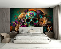 Bold skull art mural with lush botanical elements

